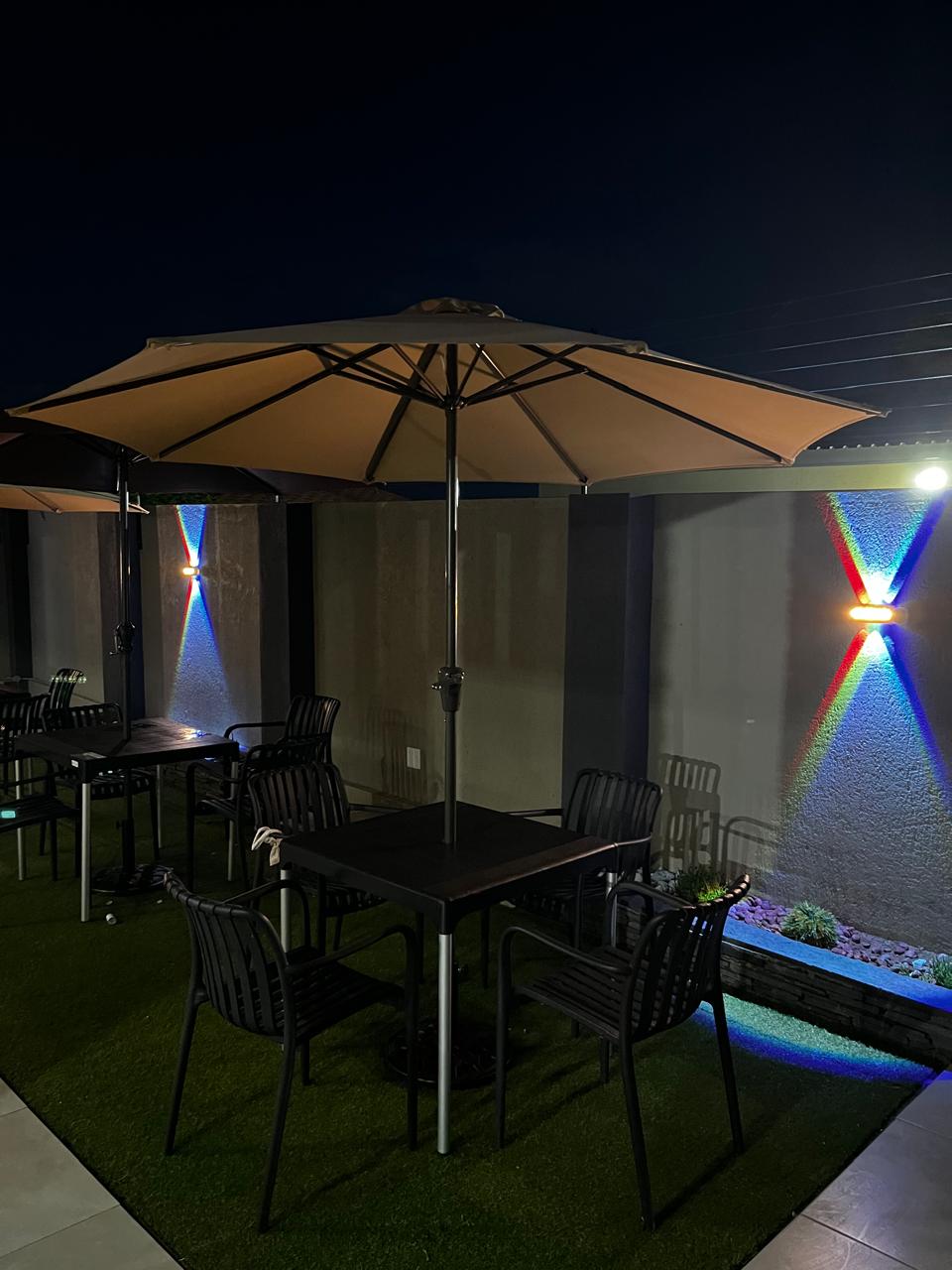 Outdoor patio under umbrellas